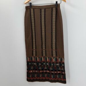 Peruvian Connection Brown Geometric Pencil Maxi Skirt Pima Cotton Alpaca & Silk